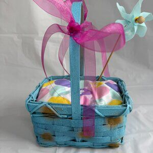Blue & Gold Easter Basket w/Butterfly Pinwheel, Egg Pillow & Fushia Bows